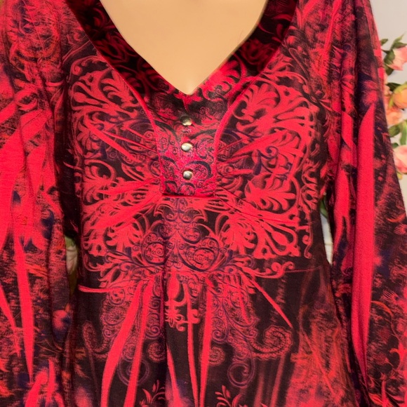 Energe World Wear Red Black Floral Tunic Top L - Picture 2 of 8